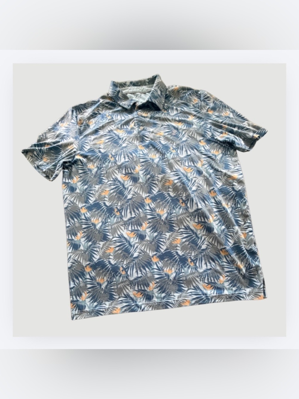 Izod Men's Blue Tropical Leaf Print Polo with Orange Accents, Size M